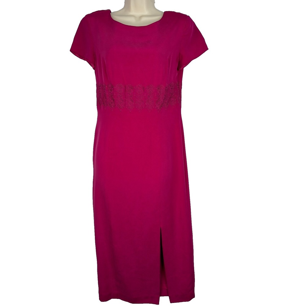 Vintage Talbots Silk Midi Sheath Dress Pink Embroidered Waist Y2K Petite Size 8P